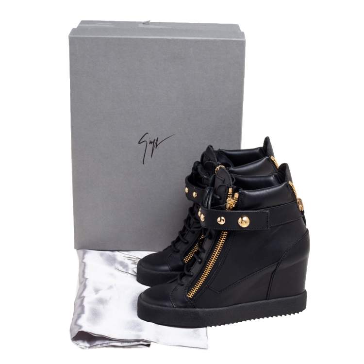 Pre Owned Giuseppe Zanotti Black Leather Lorenz Studded Wedge Sneakers Size 39