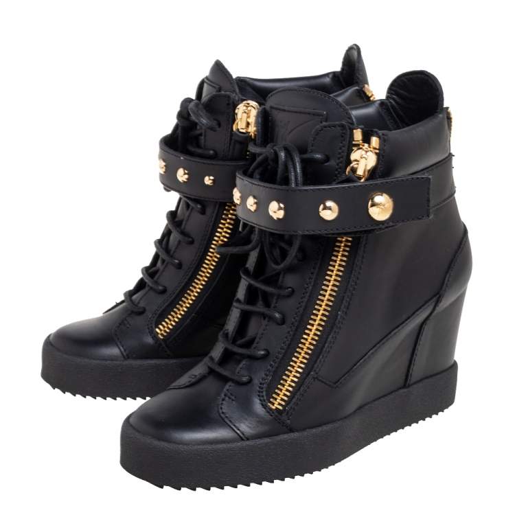 Pre Owned Giuseppe Zanotti Black Leather Lorenz Studded Wedge Sneakers Size 39