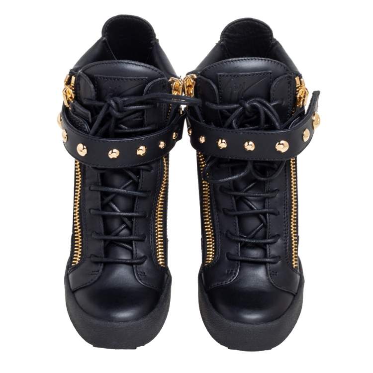 Pre Owned Giuseppe Zanotti Black Leather Lorenz Studded Wedge Sneakers Size 39