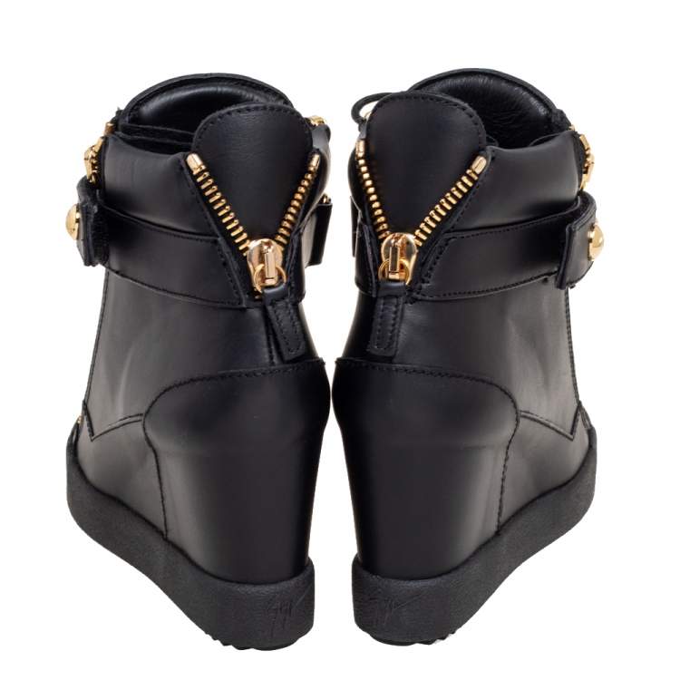 Pre Owned Giuseppe Zanotti Black Leather Lorenz Studded Wedge Sneakers Size 39