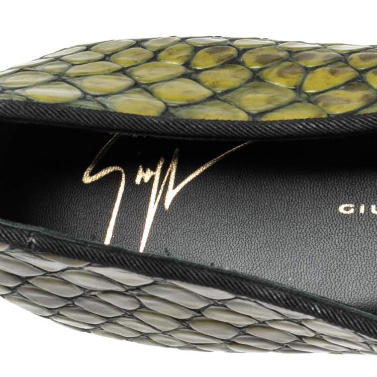 Pre Owned Giuseppe Zanotti Olive Green Python Embossed Leather Ballet Flats Size 41