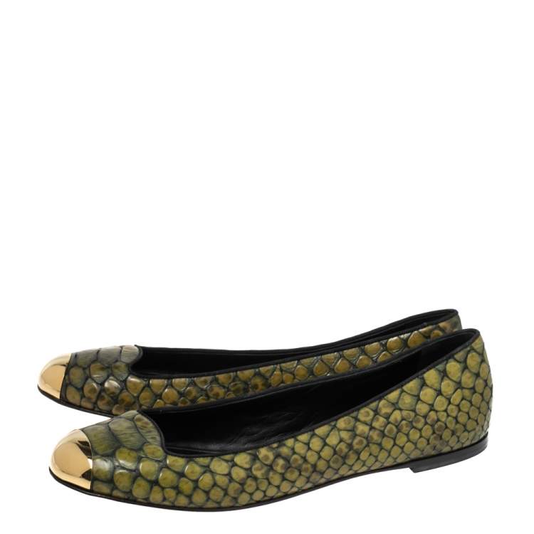 Pre Owned Giuseppe Zanotti Olive Green Python Embossed Leather Ballet Flats Size 41