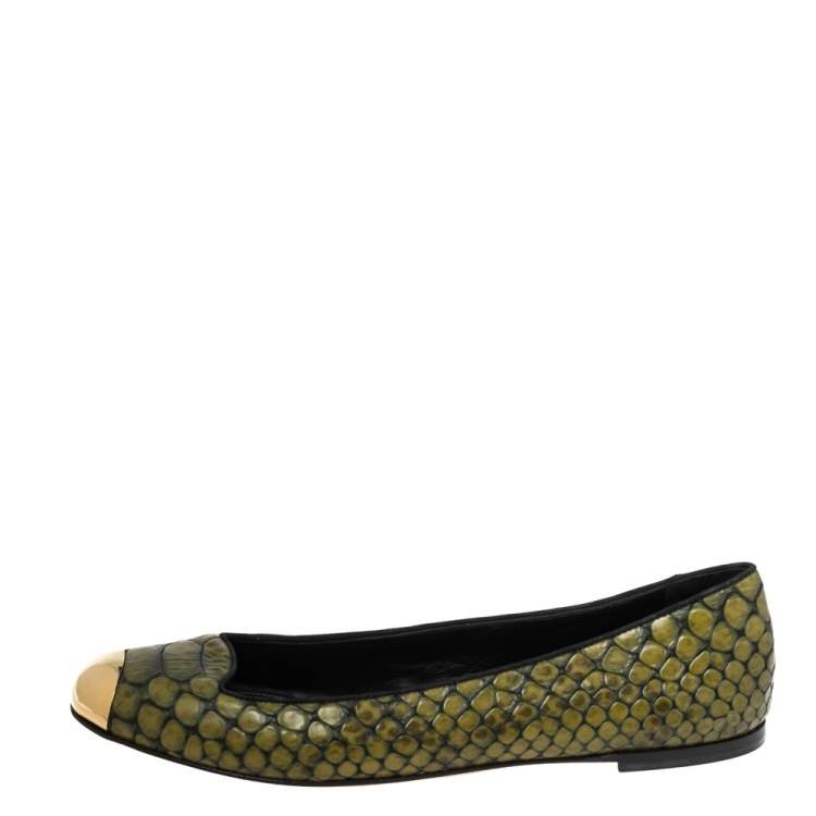 Pre Owned Giuseppe Zanotti Olive Green Python Embossed Leather Ballet Flats Size 41
