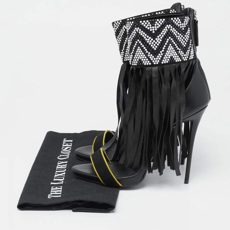Pre Owned Giuseppe Zanotti Black Leather And Suede Crystal Embellished  Fringe Open Toe  Sandals Size 38