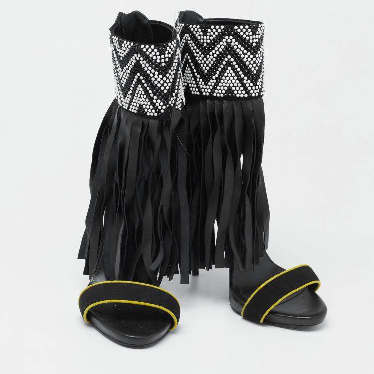 Pre Owned Giuseppe Zanotti Black Leather And Suede Crystal Embellished  Fringe Open Toe  Sandals Size 38