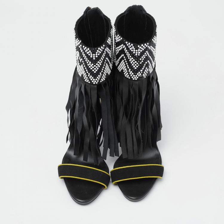 Pre Owned Giuseppe Zanotti Black Leather And Suede Crystal Embellished  Fringe Open Toe  Sandals Size 38