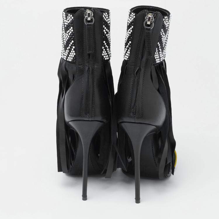 Pre Owned Giuseppe Zanotti Black Leather And Suede Crystal Embellished  Fringe Open Toe  Sandals Size 38