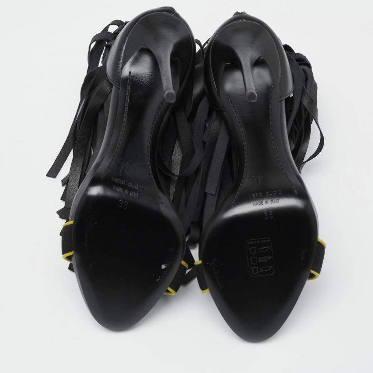 Pre Owned Giuseppe Zanotti Black Leather And Suede Crystal Embellished  Fringe Open Toe  Sandals Size 38