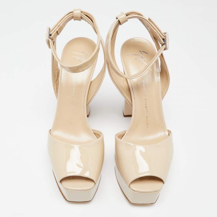 Pre Owned Giuseppe Zanotti Beige Patent Leather Peep Toe Ankle Strap Sandals Size 39