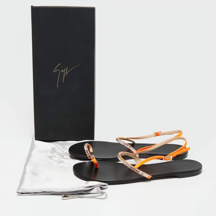 Pre Owned Giuseppe Zanotti Neon Orange Leather Crystal Embellished Toe Ring Slingback Flat Sandals Size 40