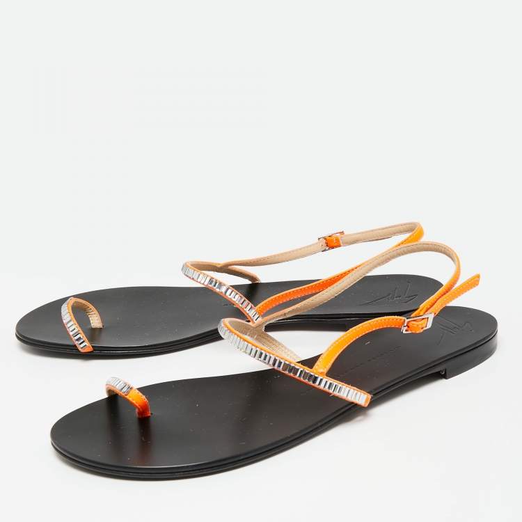 Pre Owned Giuseppe Zanotti Neon Orange Leather Crystal Embellished Toe Ring Slingback Flat Sandals Size 40