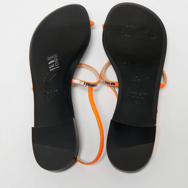 Pre Owned Giuseppe Zanotti Neon Orange Leather Crystal Embellished Toe Ring Slingback Flat Sandals Size 40