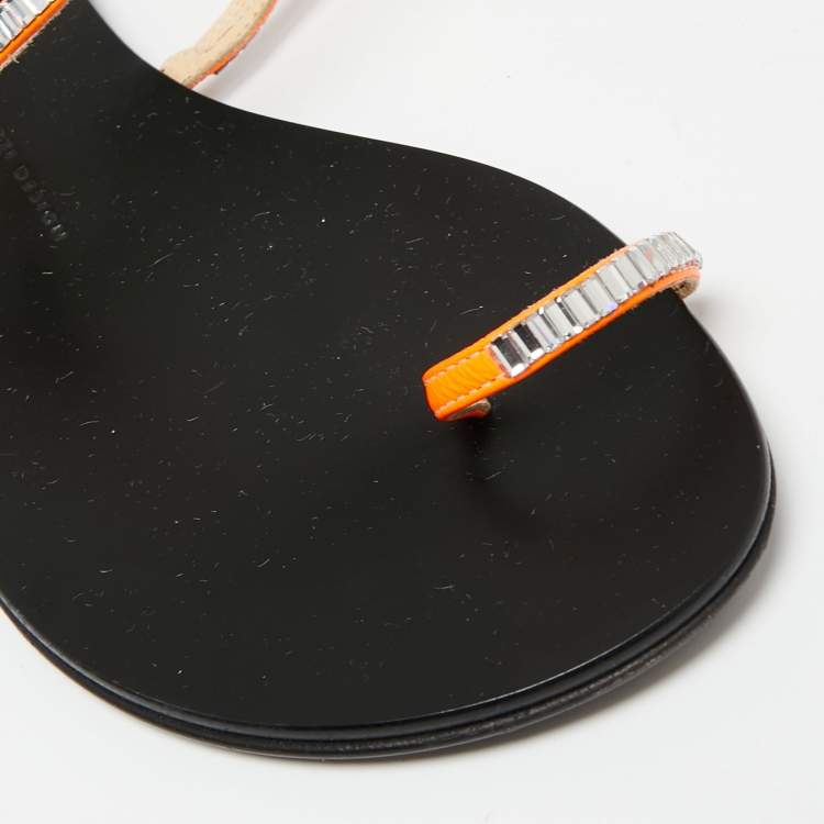 Pre Owned Giuseppe Zanotti Neon Orange Leather Crystal Embellished Toe Ring Slingback Flat Sandals Size 40
