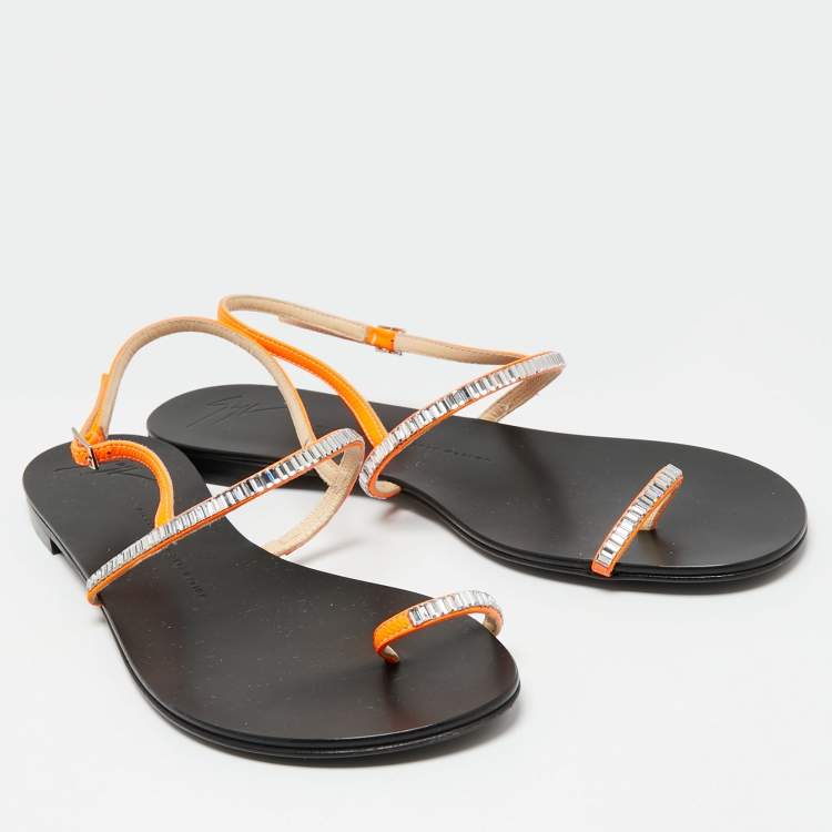Pre Owned Giuseppe Zanotti Neon Orange Leather Crystal Embellished Toe Ring Slingback Flat Sandals Size 40