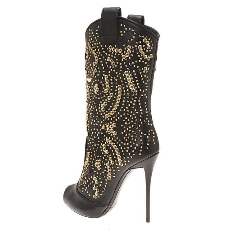 Pre Owned Giuseppe Zanotti Black Studded Leather Coline Peep Toe Mid Calf Boots Size 37