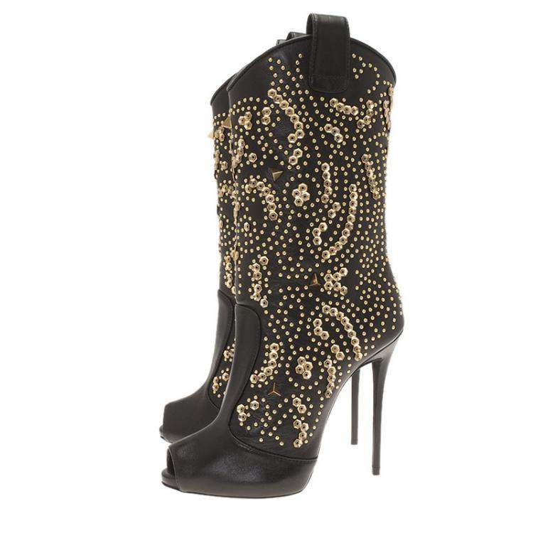 Pre Owned Giuseppe Zanotti Black Studded Leather Coline Peep Toe Mid Calf Boots Size 37