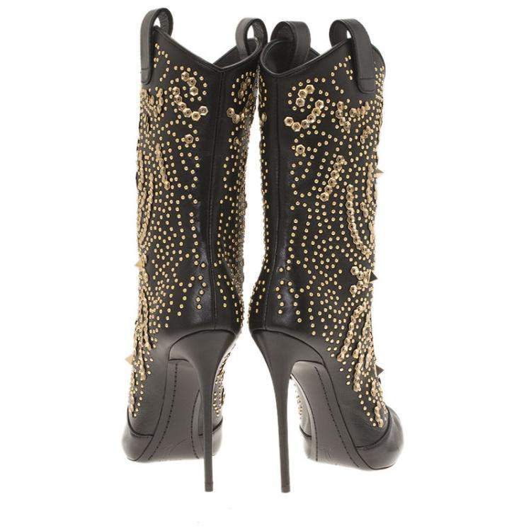 Pre Owned Giuseppe Zanotti Black Studded Leather Coline Peep Toe Mid Calf Boots Size 37