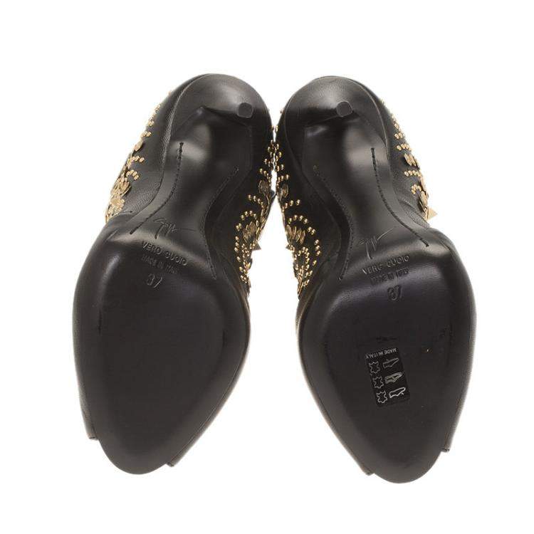 Pre Owned Giuseppe Zanotti Black Studded Leather Coline Peep Toe Mid Calf Boots Size 37