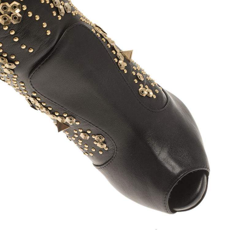 Pre Owned Giuseppe Zanotti Black Studded Leather Coline Peep Toe Mid Calf Boots Size 37