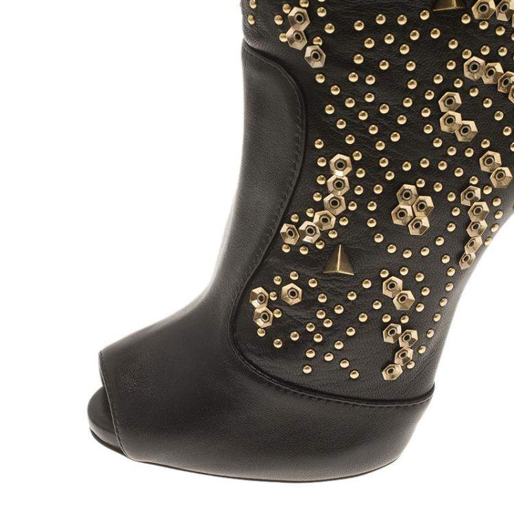 Pre Owned Giuseppe Zanotti Black Studded Leather Coline Peep Toe Mid Calf Boots Size 37