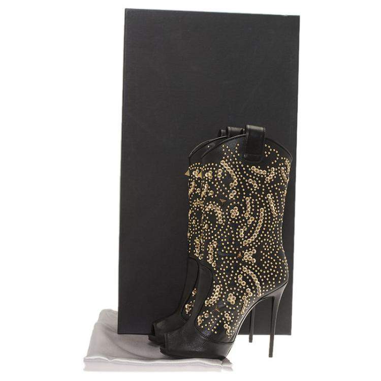 Pre Owned Giuseppe Zanotti Black Studded Leather Coline Peep Toe Mid Calf Boots Size 37