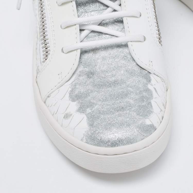 Pre Owned Giuseppe Zanotti White/Silver Python Embossed Leather Donna Low Top Sneakers Size 38