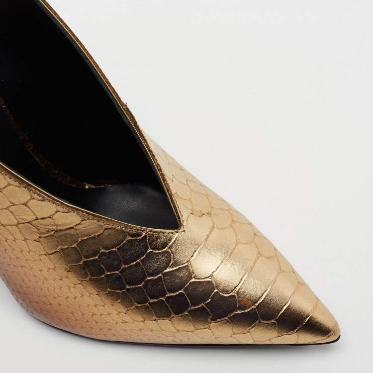 Pre Owned Giuseppe Zanotti Metallic Golden Python Embossed Leather Slingback Pumps Size 38.5 