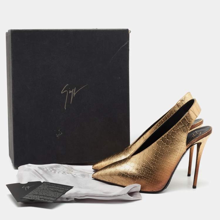 Pre Owned Giuseppe Zanotti Metallic Golden Python Embossed Leather Slingback Pumps Size 38.5 