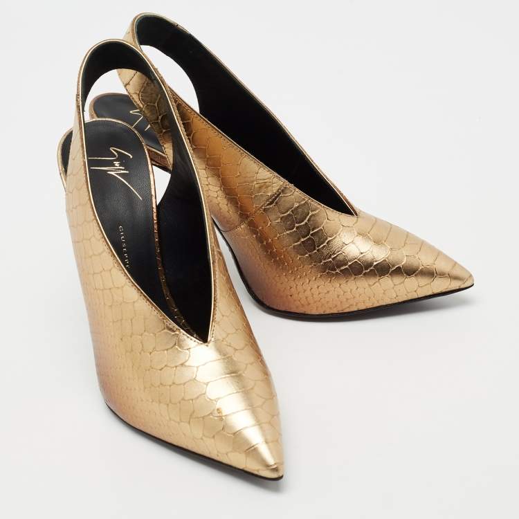 Pre Owned Giuseppe Zanotti Metallic Golden Python Embossed Leather Slingback Pumps Size 38.5 