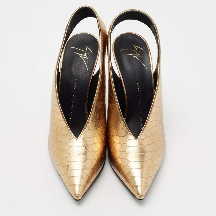 Pre Owned Giuseppe Zanotti Metallic Golden Python Embossed Leather Slingback Pumps Size 38.5 