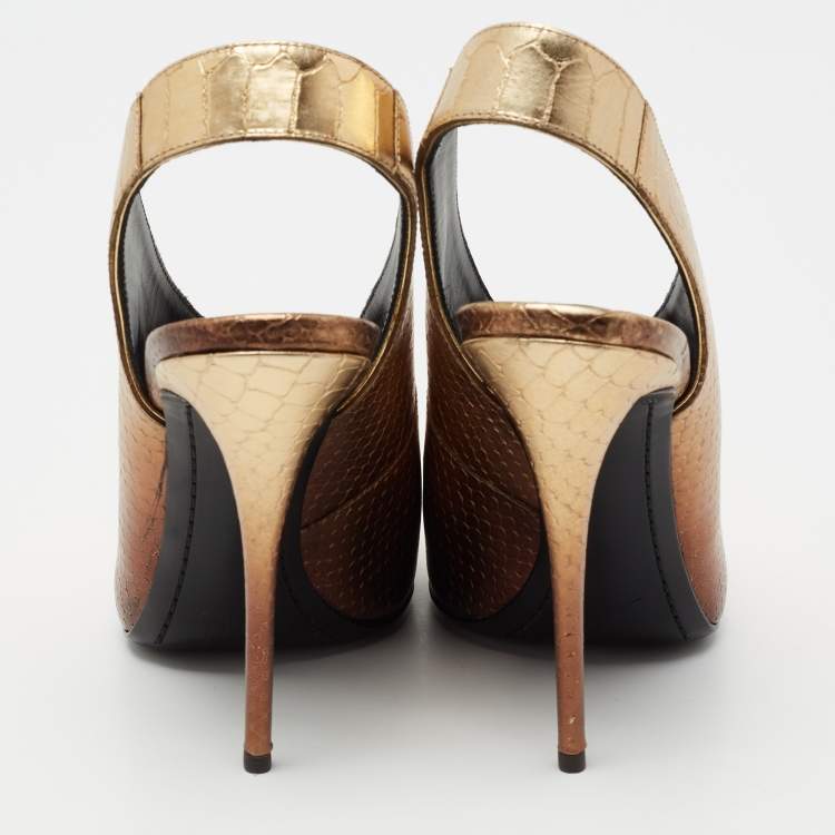 Pre Owned Giuseppe Zanotti Metallic Golden Python Embossed Leather Slingback Pumps Size 38.5 
