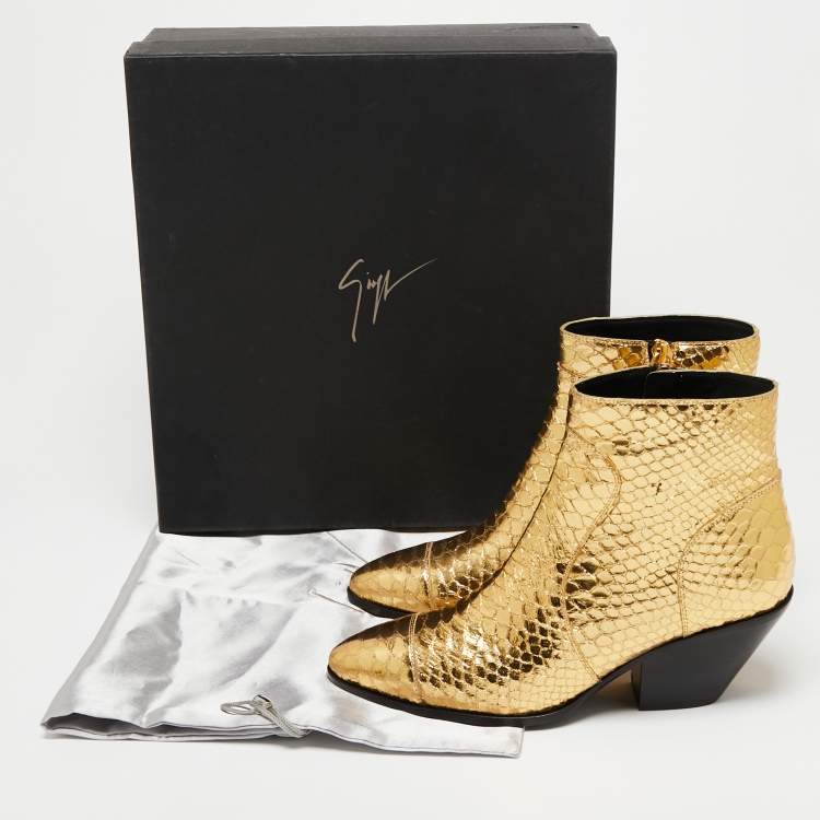 Pre Owned Giuseppe Zanotti Gold Python Embossed Leather Ankle Boots Size 37