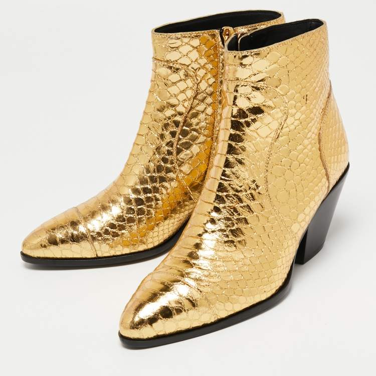 Pre Owned Giuseppe Zanotti Gold Python Embossed Leather Ankle Boots Size 37