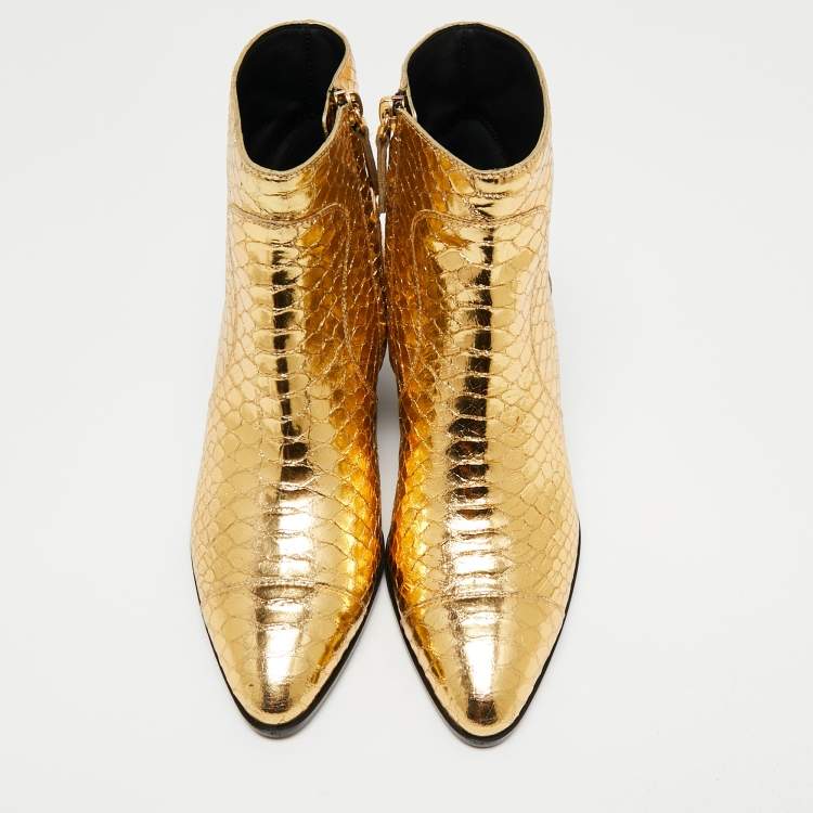 Pre Owned Giuseppe Zanotti Gold Python Embossed Leather Ankle Boots Size 37