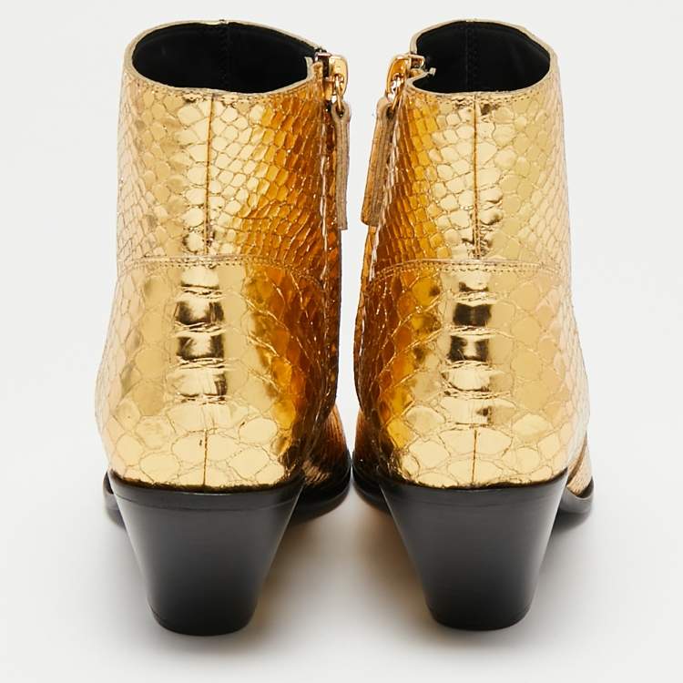 Pre Owned Giuseppe Zanotti Gold Python Embossed Leather Ankle Boots Size 37