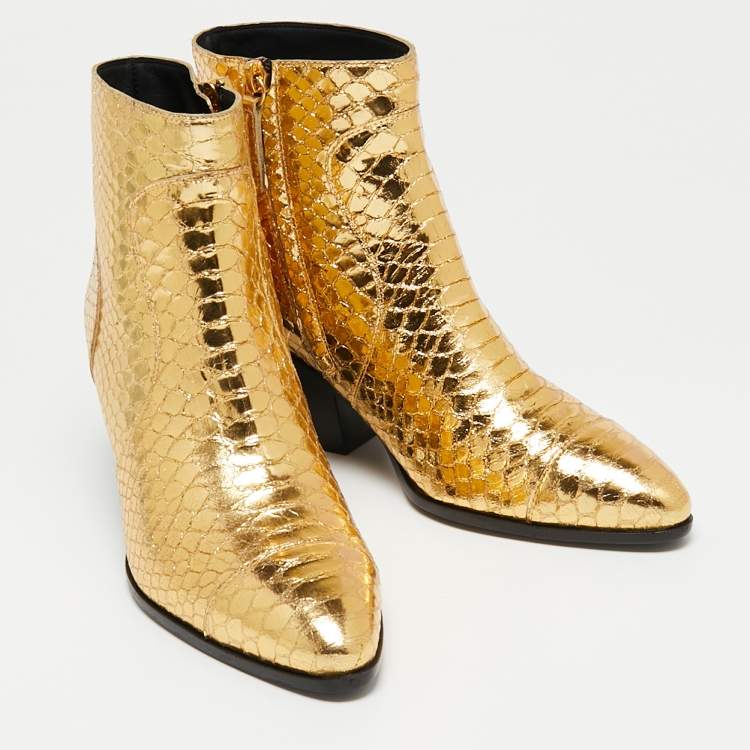 Pre Owned Giuseppe Zanotti Gold Python Embossed Leather Ankle Boots Size 37