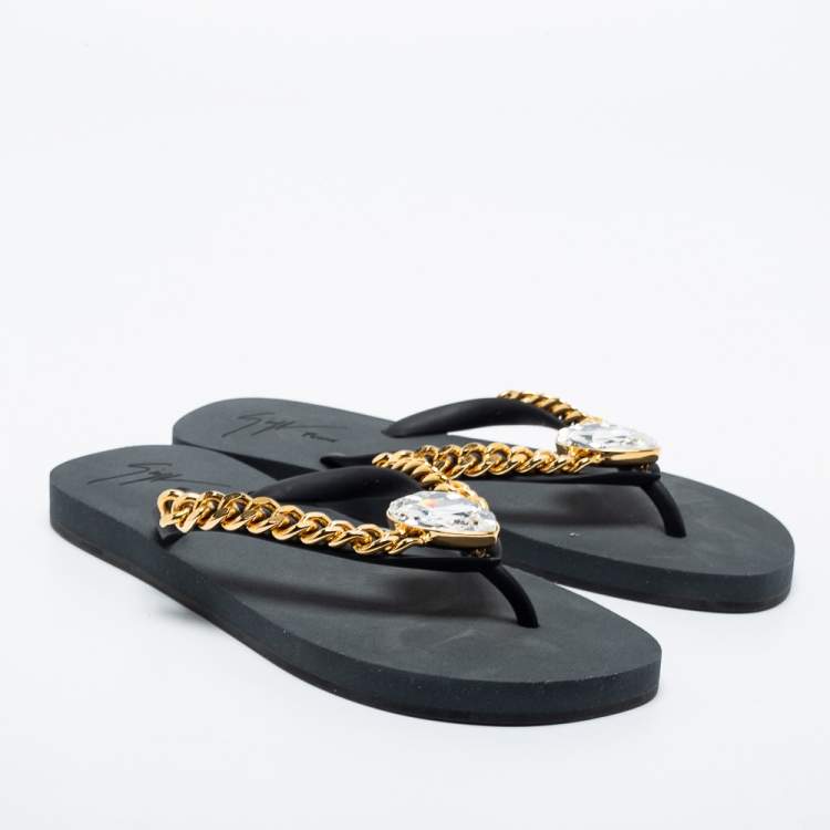 Pre Owned Giuseppe Zanotti Black Rubber Crystal Embellished Sunset Chain Detail Flip Flops Size 38
