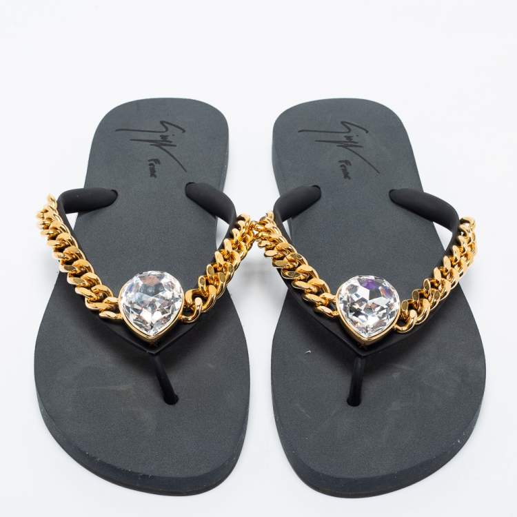 Pre Owned Giuseppe Zanotti Black Rubber Crystal Embellished Sunset Chain Detail Flip Flops Size 38