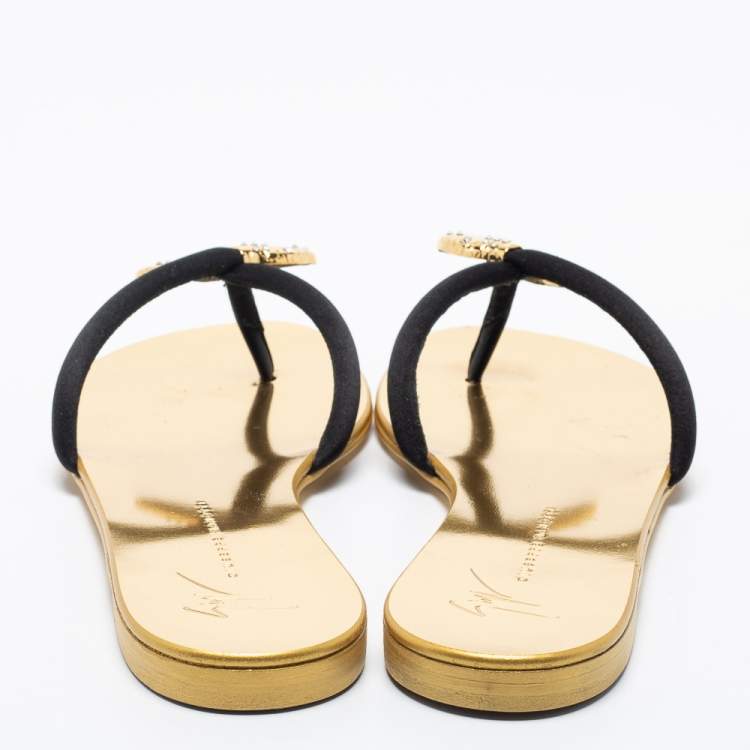Pre Owned Giuseppe Zanotti Black Suede Jewel Embellished Thong Flat Sandals Size 39