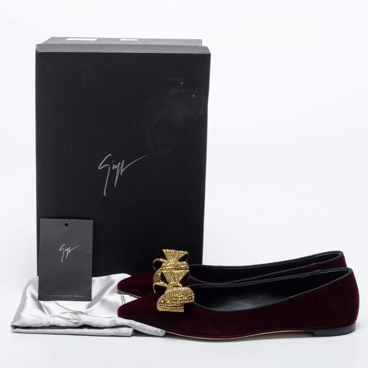 Pre Owned Giuseppe Zanotti Burgundy Velvet Ballet Flats Size 38.5 