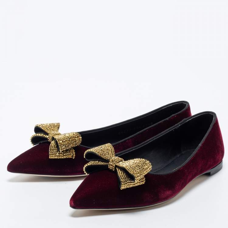 Pre Owned Giuseppe Zanotti Burgundy Velvet Ballet Flats Size 38.5 
