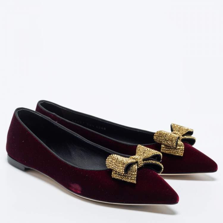 Pre Owned Giuseppe Zanotti Burgundy Velvet Ballet Flats Size 38.5 