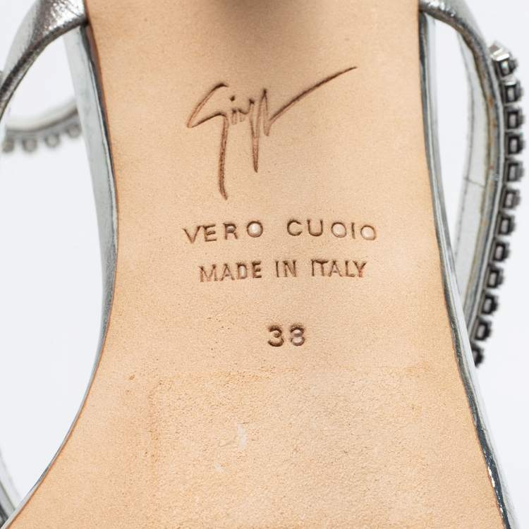 Pre Owned Giuseppe Zanotti Silver Crystal Embellished Leather Alien Ankle Strap Sandals Size 38