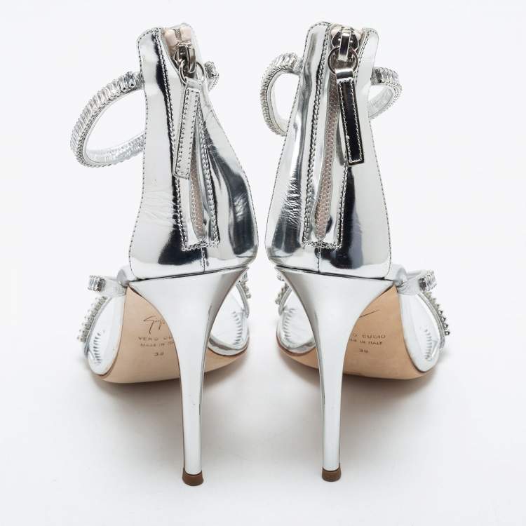 Pre Owned Giuseppe Zanotti Silver Crystal Embellished Leather Alien Ankle Strap Sandals Size 38