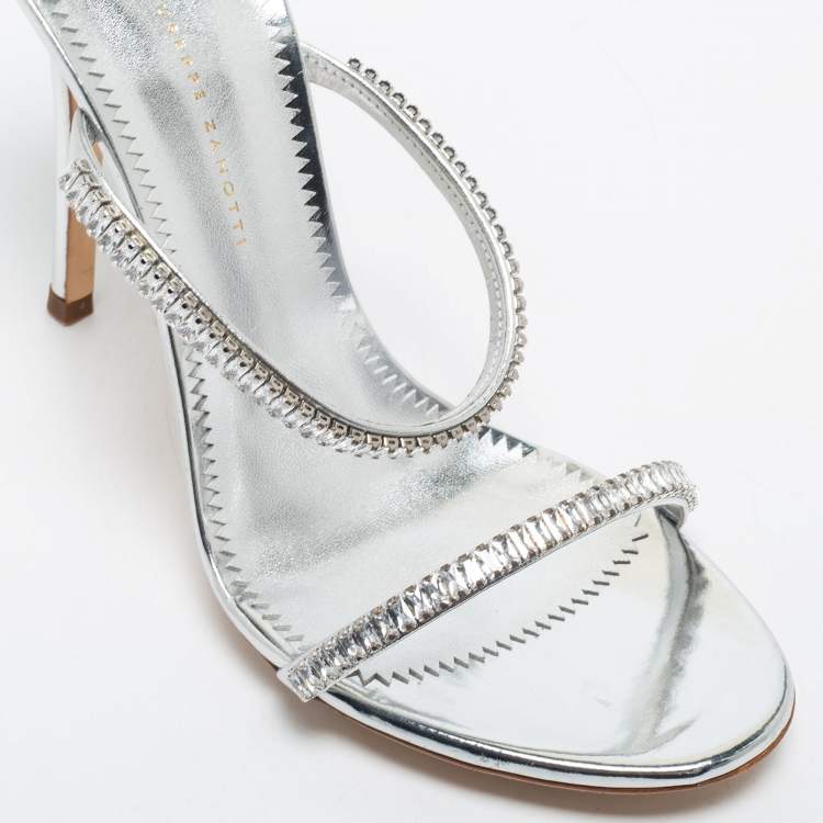 Pre Owned Giuseppe Zanotti Silver Crystal Embellished Leather Alien Ankle Strap Sandals Size 38