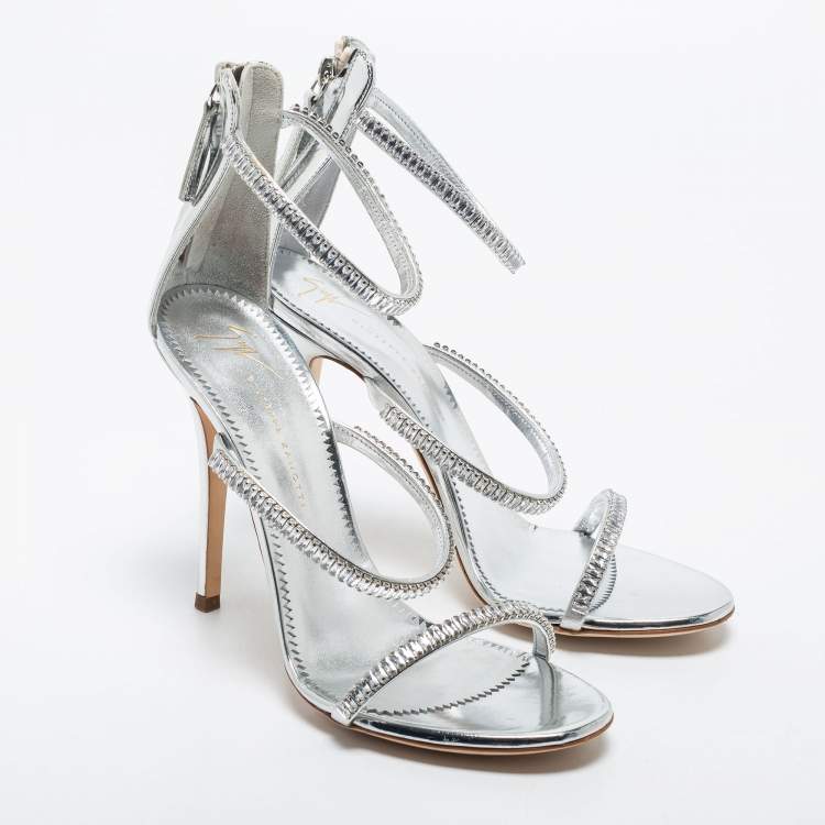 Pre Owned Giuseppe Zanotti Silver Crystal Embellished Leather Alien Ankle Strap Sandals Size 38