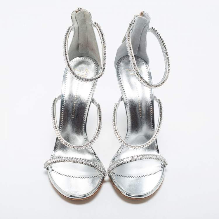 Pre Owned Giuseppe Zanotti Silver Crystal Embellished Leather Alien Ankle Strap Sandals Size 38