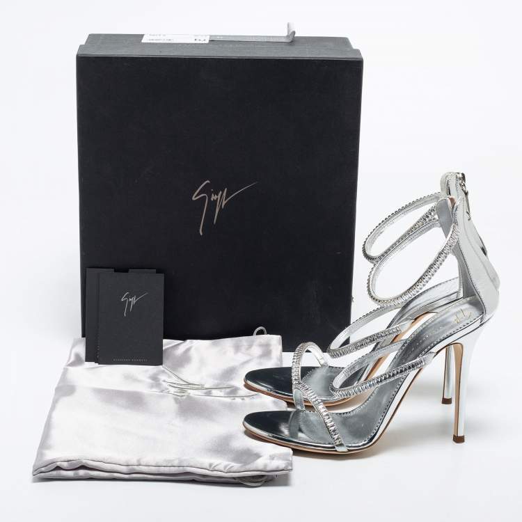 Pre Owned Giuseppe Zanotti Silver Crystal Embellished Leather Alien Ankle Strap Sandals Size 38