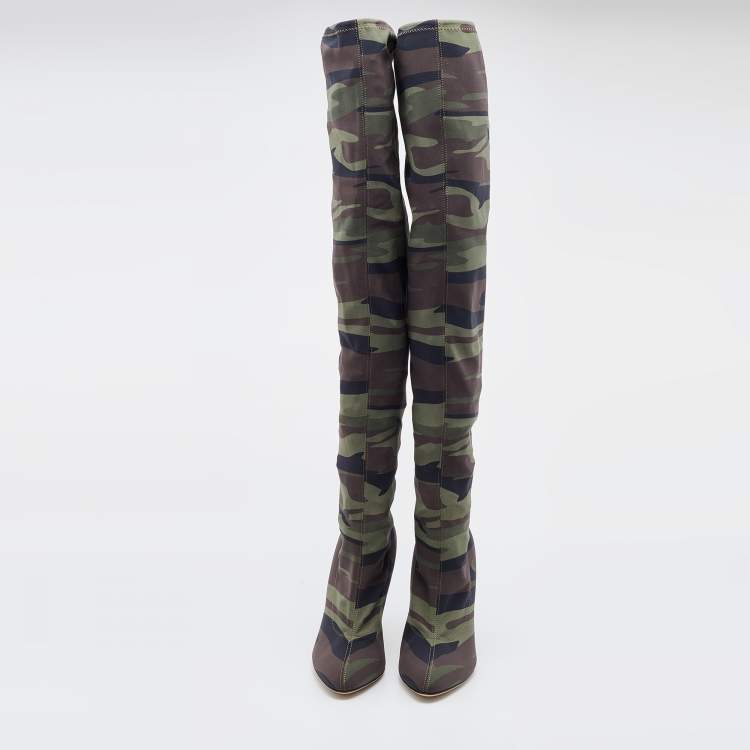Pre Owned Giuseppe Zanotti Multicolor Camouflage Stretch Fabric Thigh High Boots Size 37
