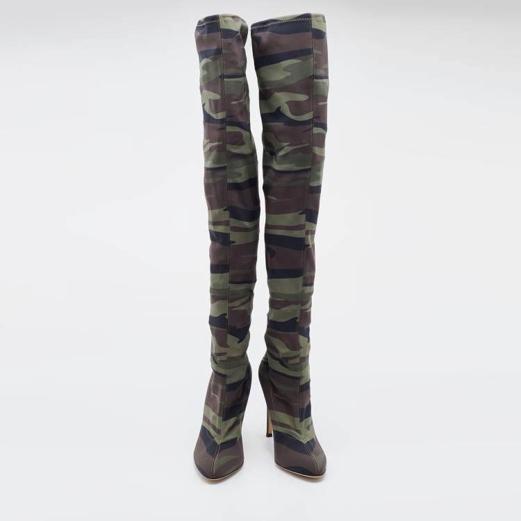 Pre Owned Giuseppe Zanotti Multicolor Camouflage Stretch Fabric Thigh High Boots Size 37